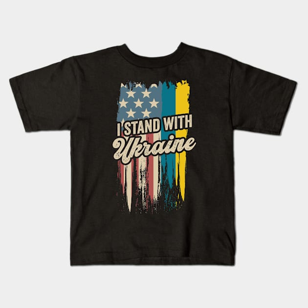 I Stand With Ukraine USA and Ukraine Flags Holding Hands Kids T-Shirt by BramCrye